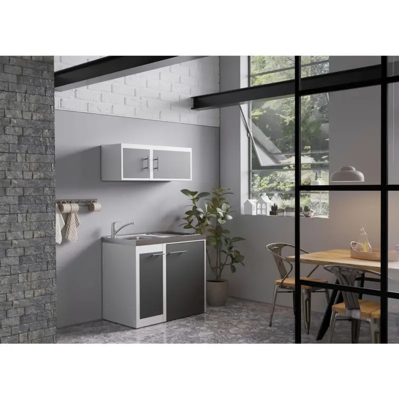 Miniküche mit Kühlschrank + Kochfeld 100 cm Anthrazit/Weiß