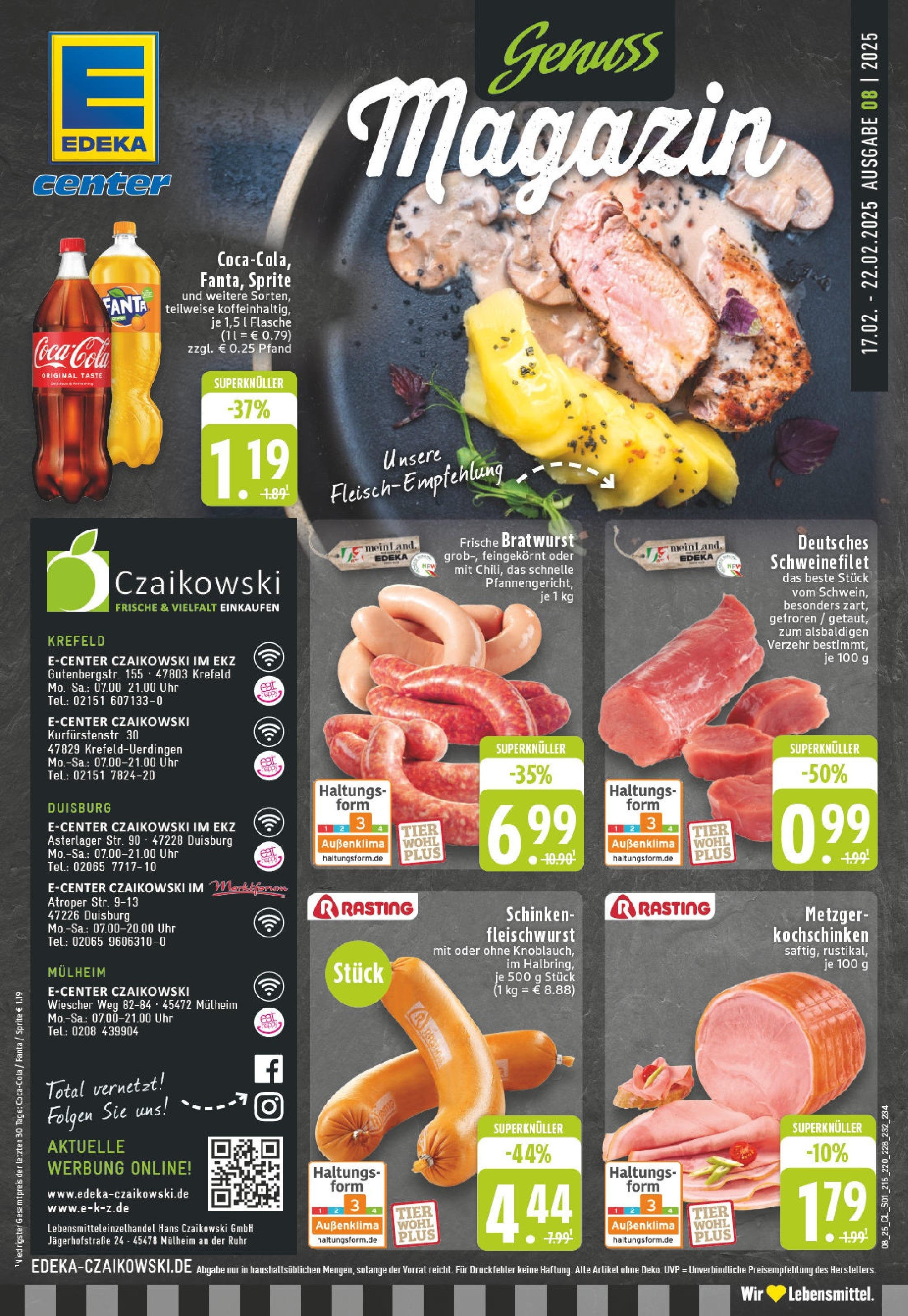 Edeka - E center: Wochenangebote (ab 16.02.2025) » Angebote Online | Seite: 1 | Produkte: Sprite, Bratwurst, Schinken, Uhr