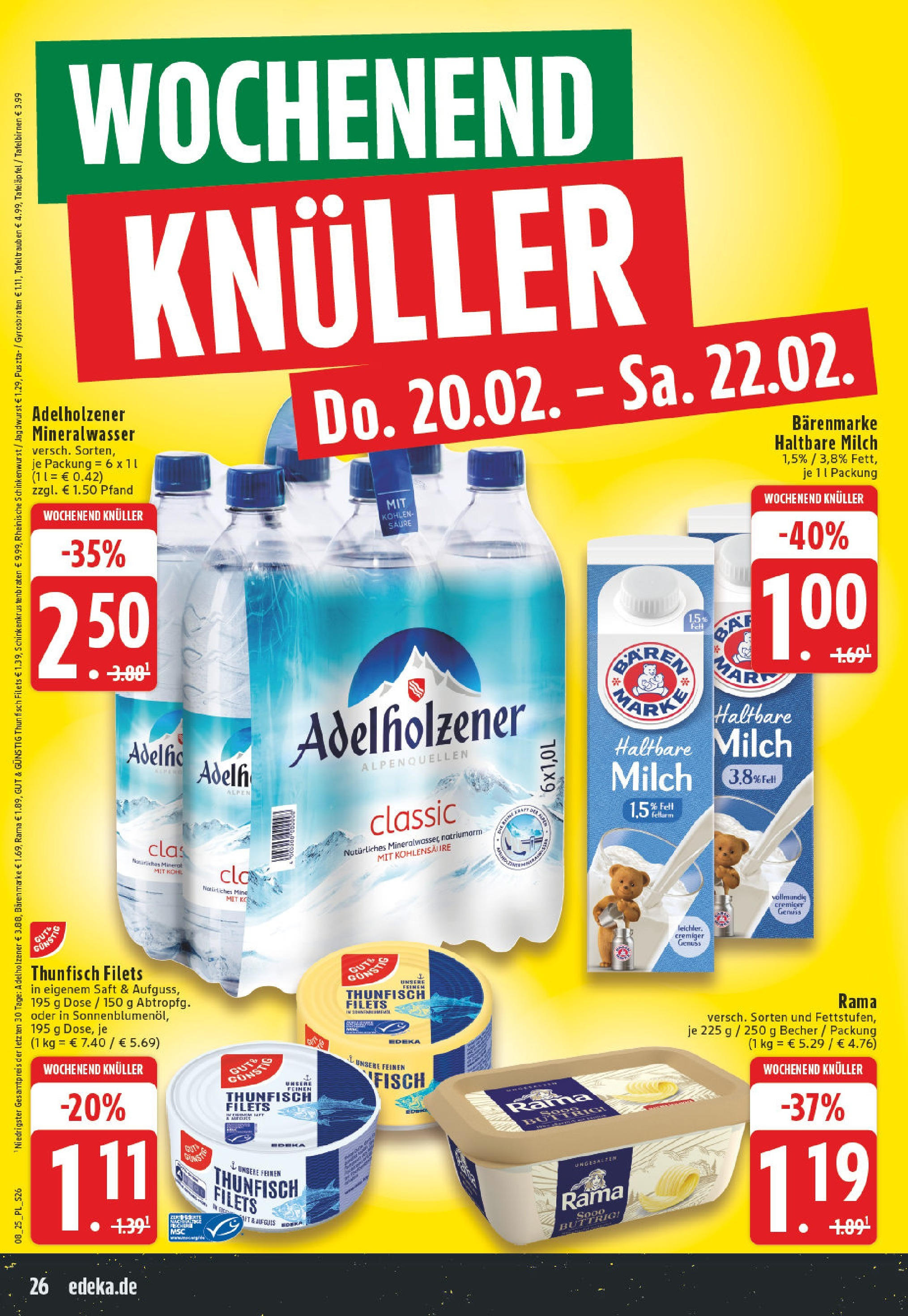 Edeka - EDEKA: Wochenangebote (ab 16.02.2025) » Angebote Online | Seite: 26 | Produkte: Thunfisch, Haltbare milch, Adelholzener, Mineralwasser