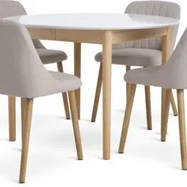 JYSK Masă MARSTRAND Ø110 alb + 4 scaune ADSLEV bej