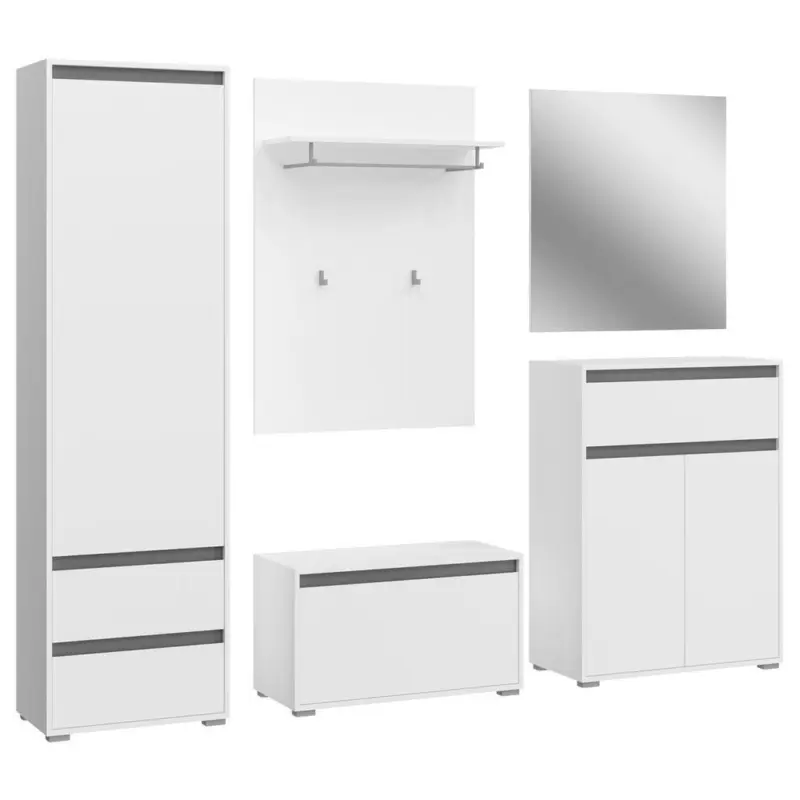 Garderoben-set Wei&szlig; Dekor 5--Teilig. Mit Spiegel