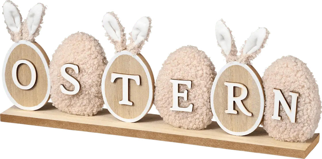 Dekorieren & Einrichten Holzschriftzug "OSTERN" mit Teddyfell & Hasenohren, beige-weiß