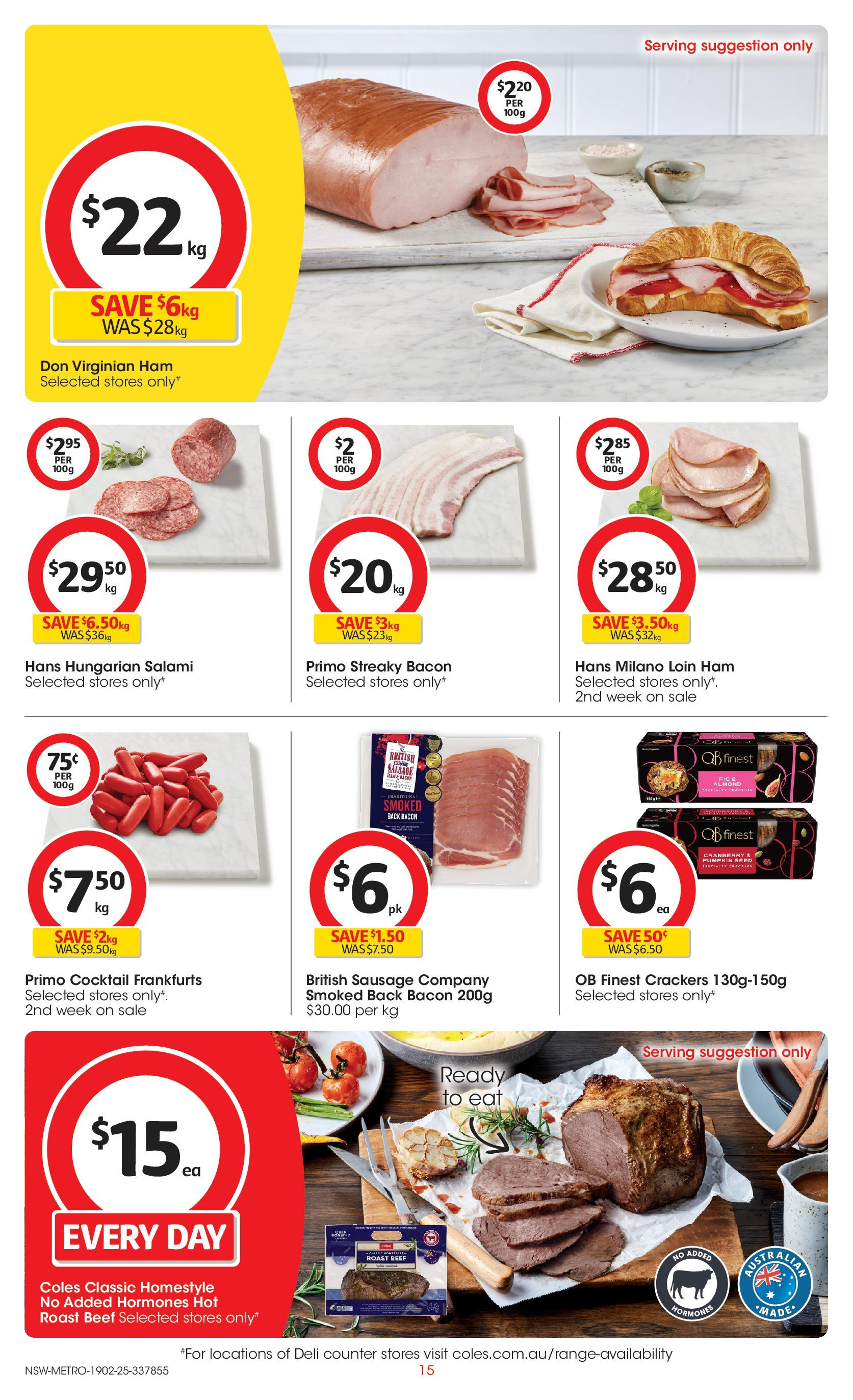 ﻿﻿Coles catalogue valid from 19/02/2025 > Online Australia | Page: 15 | Products: Bacon, Crackers, Salami, Beef