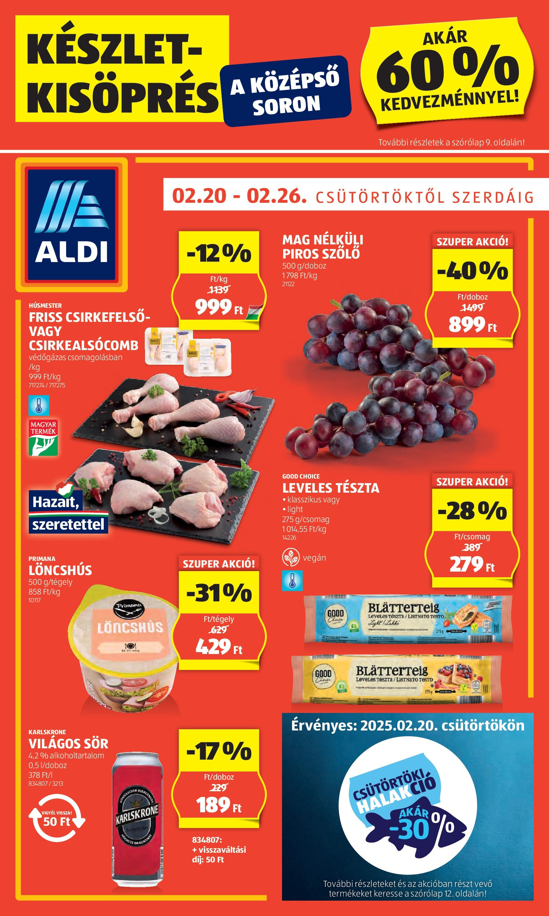 Aldi Akciós újság - 2025.02.20. -tól/töl > akció, lapozható szórólap 🛍️ | Oldal: 1 | Termékek: Szőlő, Leveles tészta, Tészta, Vegán