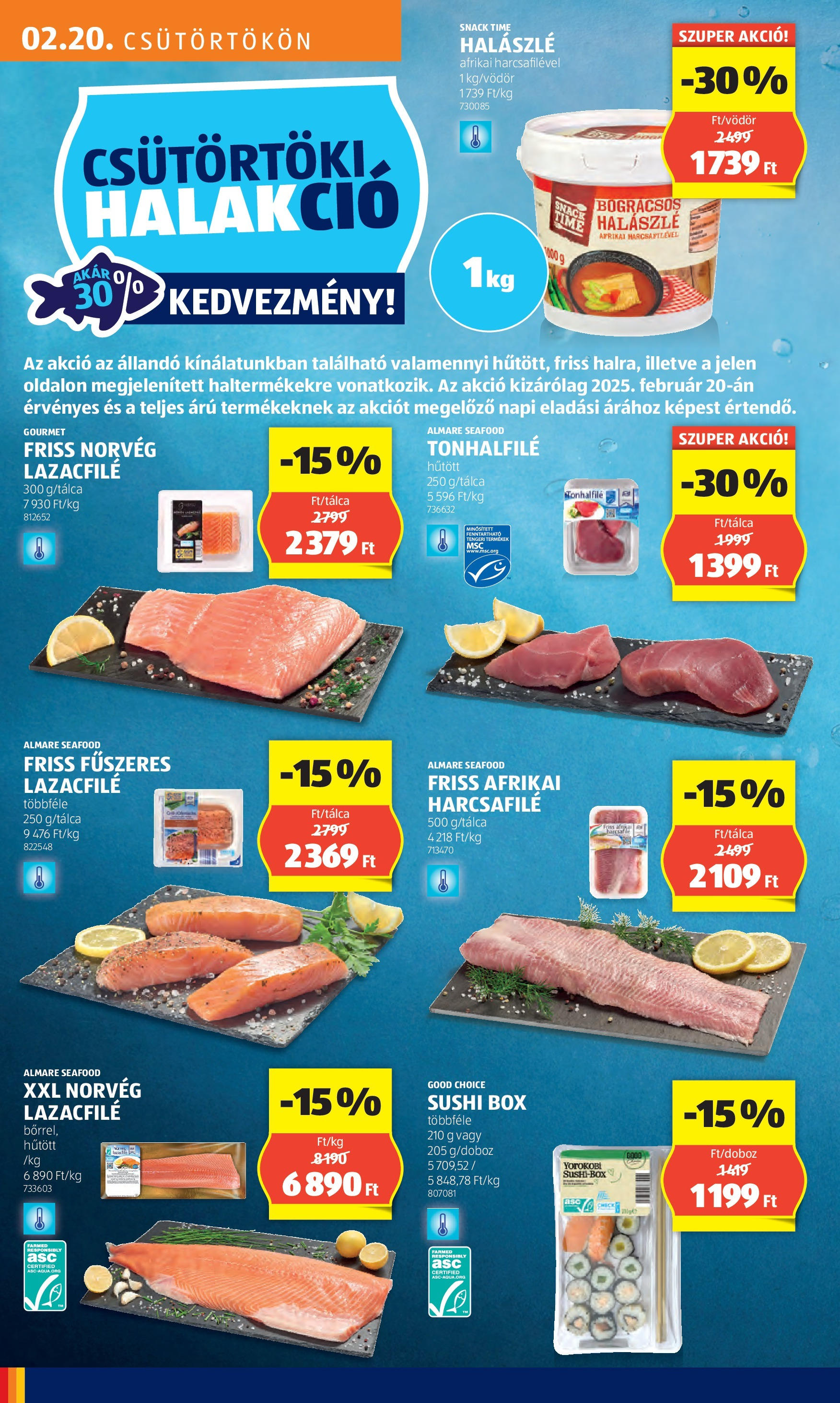 Aldi Akciós újság - 2025.02.20. -tól/töl > akció, lapozható szórólap 🛍️ | Oldal: 12 | Termékek: Lazacfilé, Sushi, Halászlé