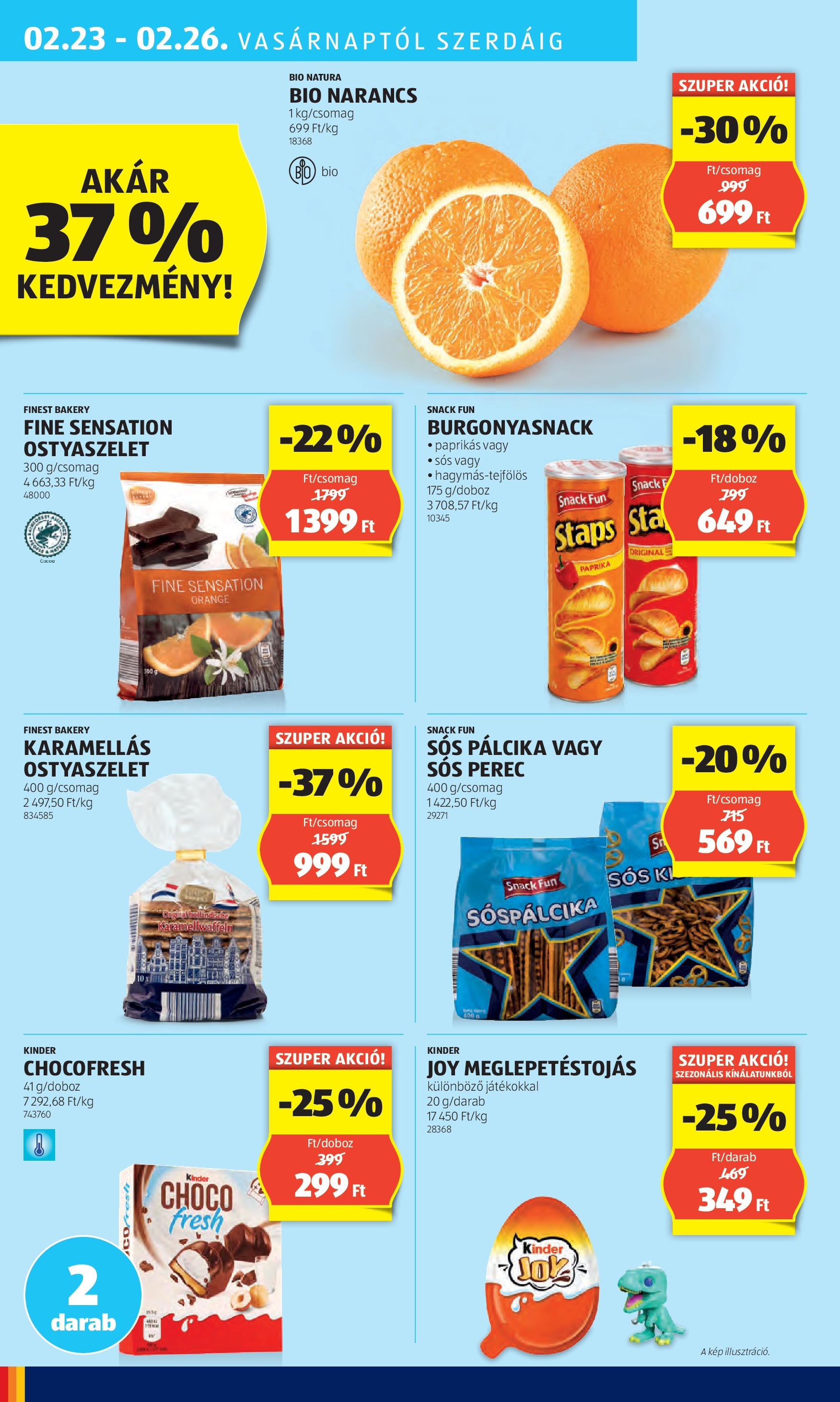 Aldi Akciós újság - 2025.02.20. -tól/töl > akció, lapozható szórólap 🛍️ | Oldal: 38 | Termékek: Ostyaszelet, Sós pálcika, Narancs