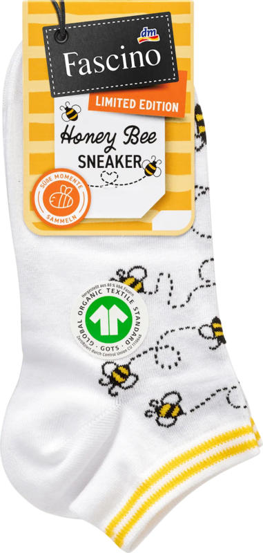 Fascino Sneakersocken mit Bienen-Motiv weiß & gelb Gr. 35-38