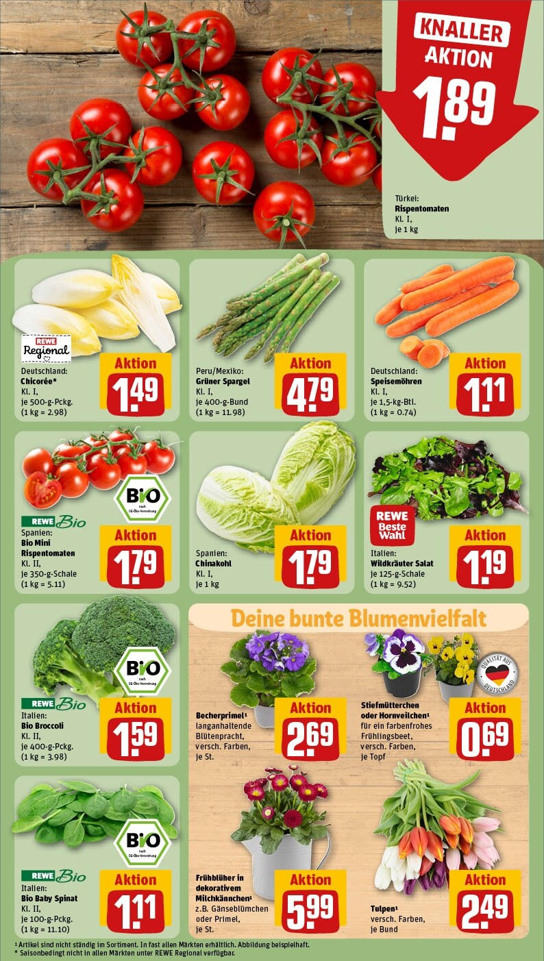 Rewe Prospekt 	 (ab 24.02.2025) zum Blättern » Angebote | Seite: 9 | Produkte: Stiefmutterchen, Spargel, Chinakohl, Salat