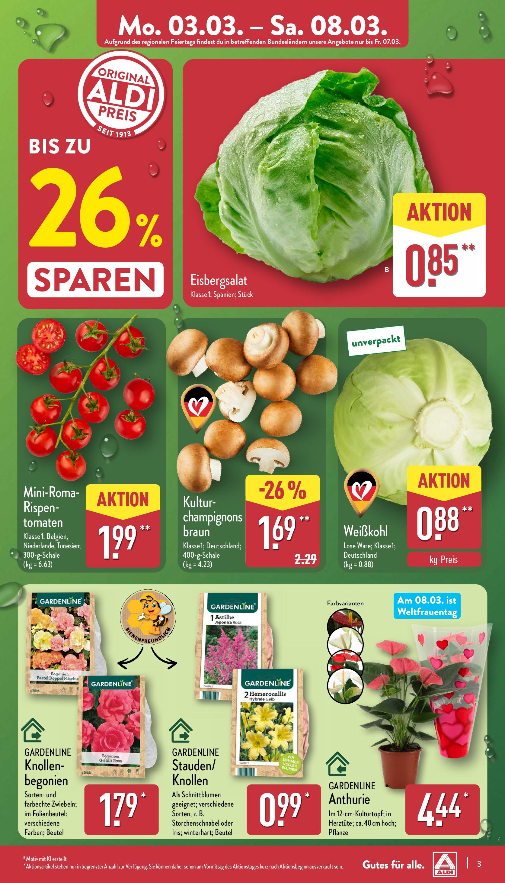 Aldi - ALDI Nord: Wochenangebote (ab 03.03.2025) » Angebote Online | Seite: 3 | Produkte: Blumen, Tomaten, Eisbergsalat, Champignons