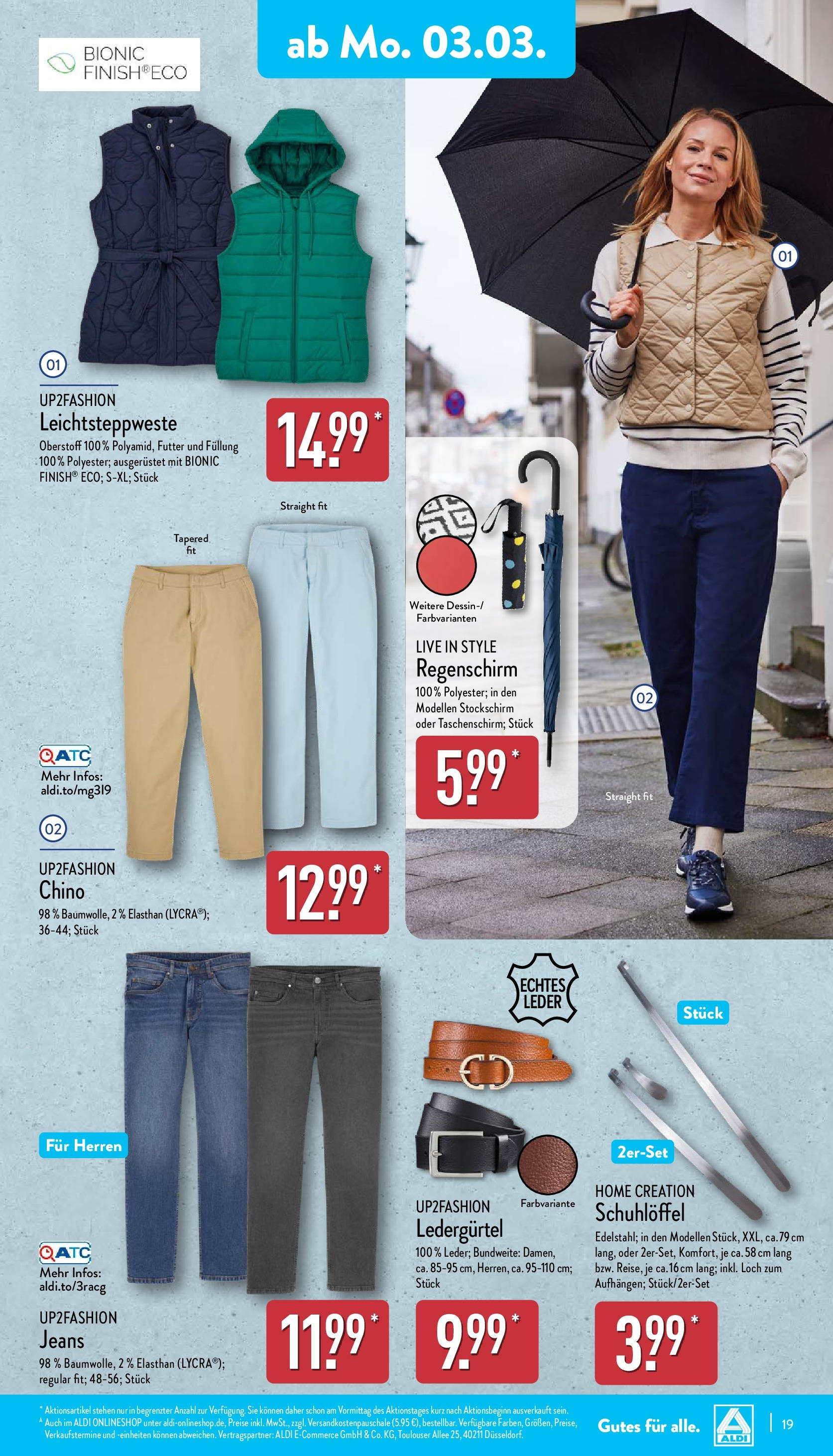 Aldi - ALDI Nord: Wochenangebote (ab 03.03.2025) » Angebote Online | Seite: 19 | Produkte: Up2fashion, Regenschirm, Jeans, Home creation