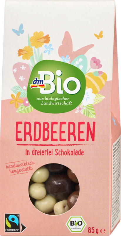 dmBio Trockenfrüchte, Erdbeeren in dreierlei Schokolade