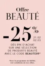 BHV -25% dès 89€ d'achat sur une sélection de produits beauté - au 02.03.2025