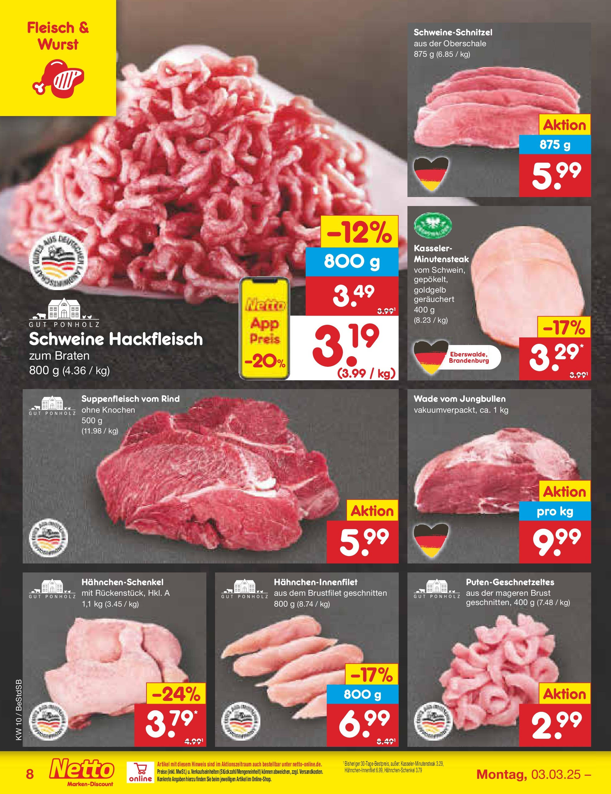 Netto Marken-Discount - Berlin-Spandau (ab 03.03.2025) » Angebote | Seite: 8 | Produkte: Hahnchenschenkel, Suppenfleisch, Wurst, Hackfleisch