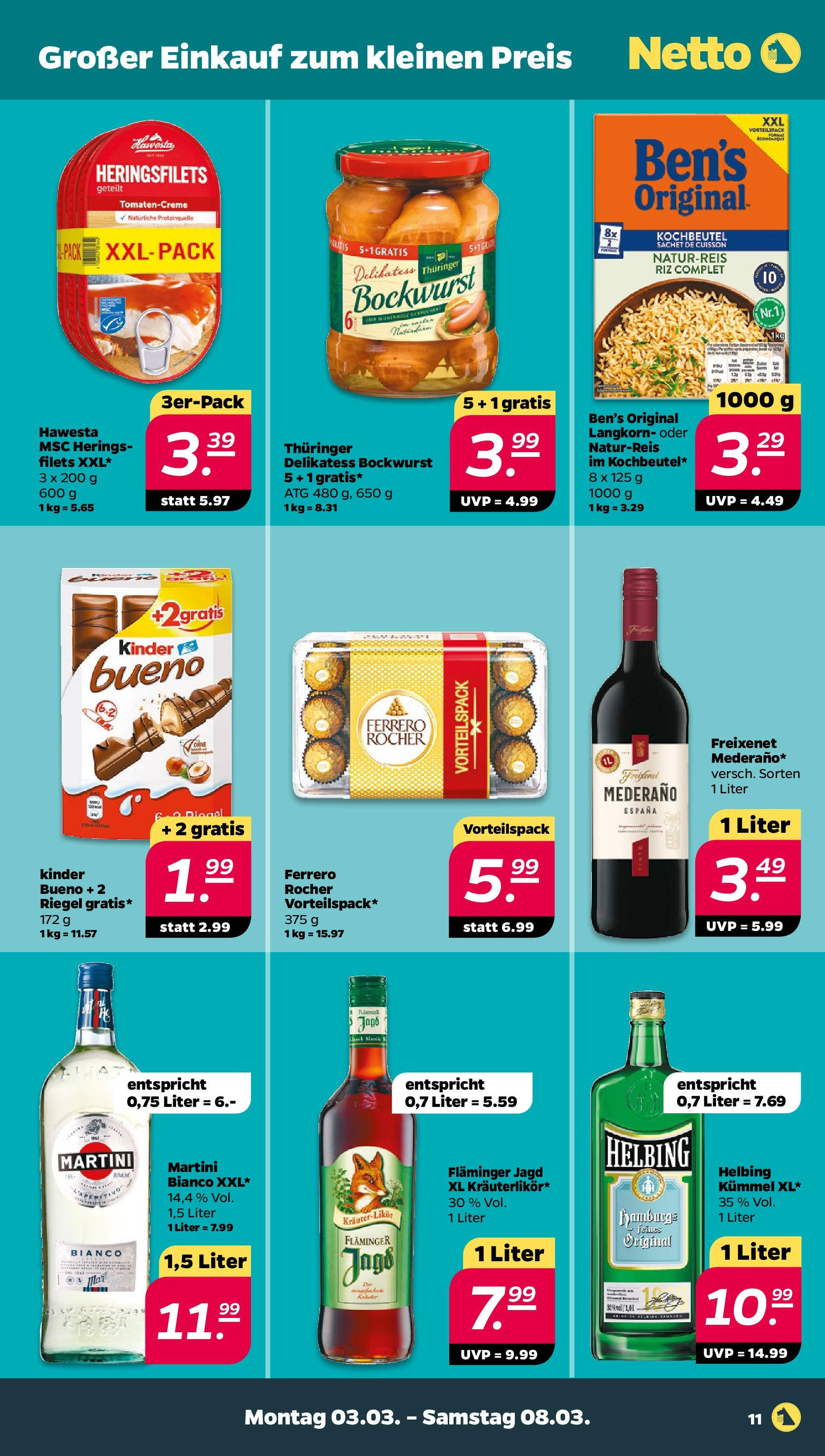 Netto Prospekt 	 ab 03.03.2025 → Angebote nächste Woche | Seite: 11 | Produkte: Martini, Bockwurst, Ferrero rocher, Freixenet