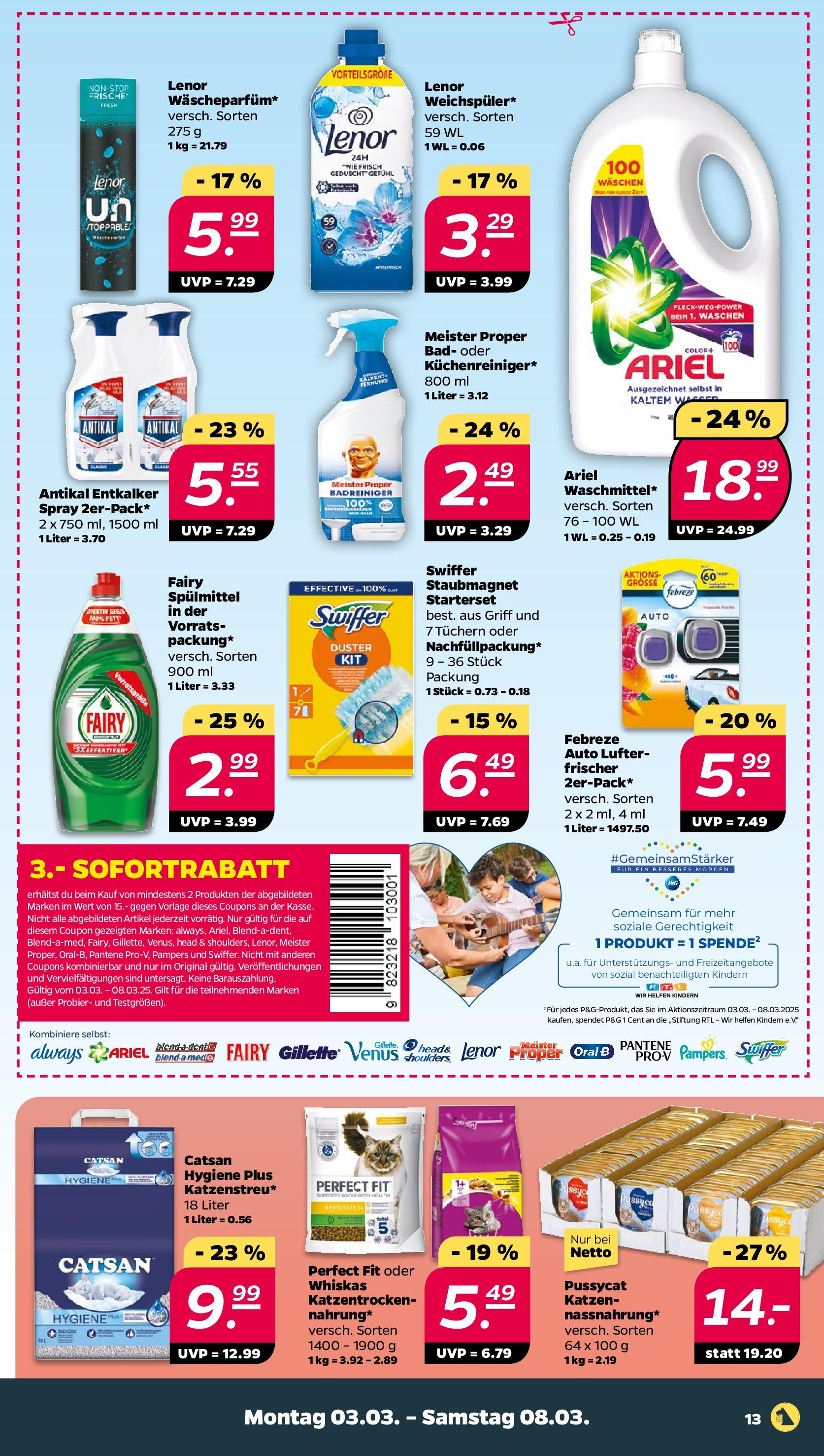 Netto Prospekt 	 ab 03.03.2025 → Angebote nächste Woche | Seite: 13 | Produkte: Catsan, Ariel, Pampers, Wasser