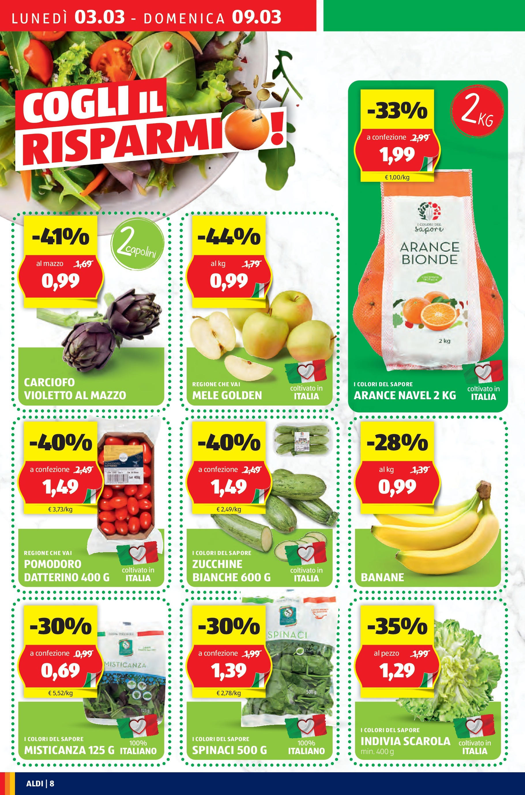 Nuovo Volantino Aldi	 dal 03/03/2025 > offerte anteprima 🛍️ | Pagina: 8 | Prodotti: Mele, Banane, Zucchine, Indivia