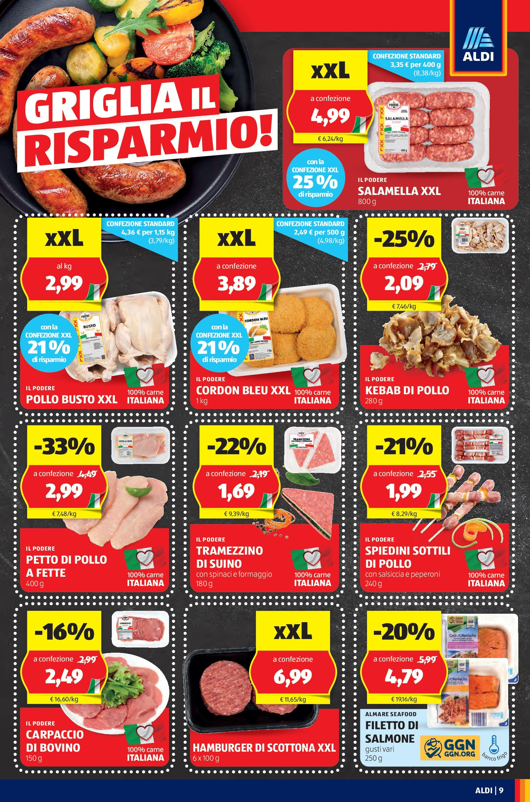 Nuovo Volantino Aldi	 dal 03/03/2025 > offerte anteprima 🛍️ | Pagina: 9 | Prodotti: Salamella, Pollo, Salmone, Suino