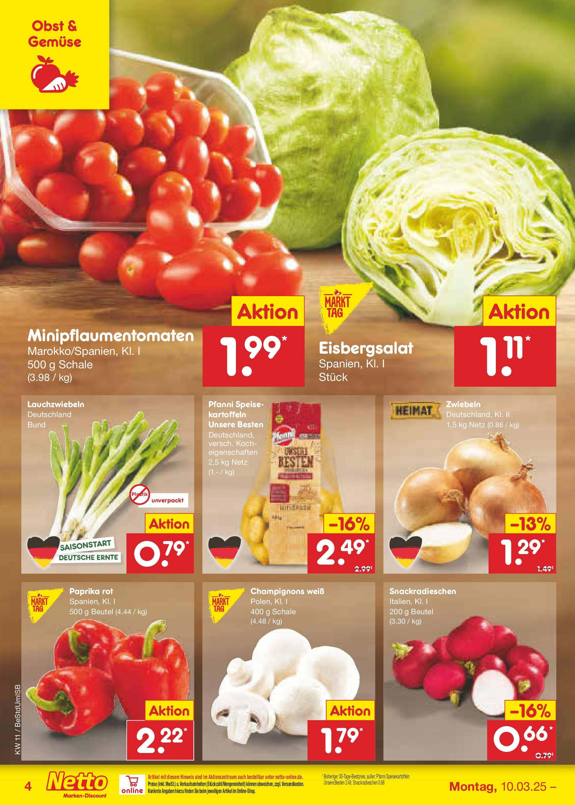 Netto Marken-Discount - Netto: Wochenangebote (ab 09.03.2025) » Angebote | Seite: 4 | Produkte: Paprika rot, Kartoffeln, Gemüse, Obst