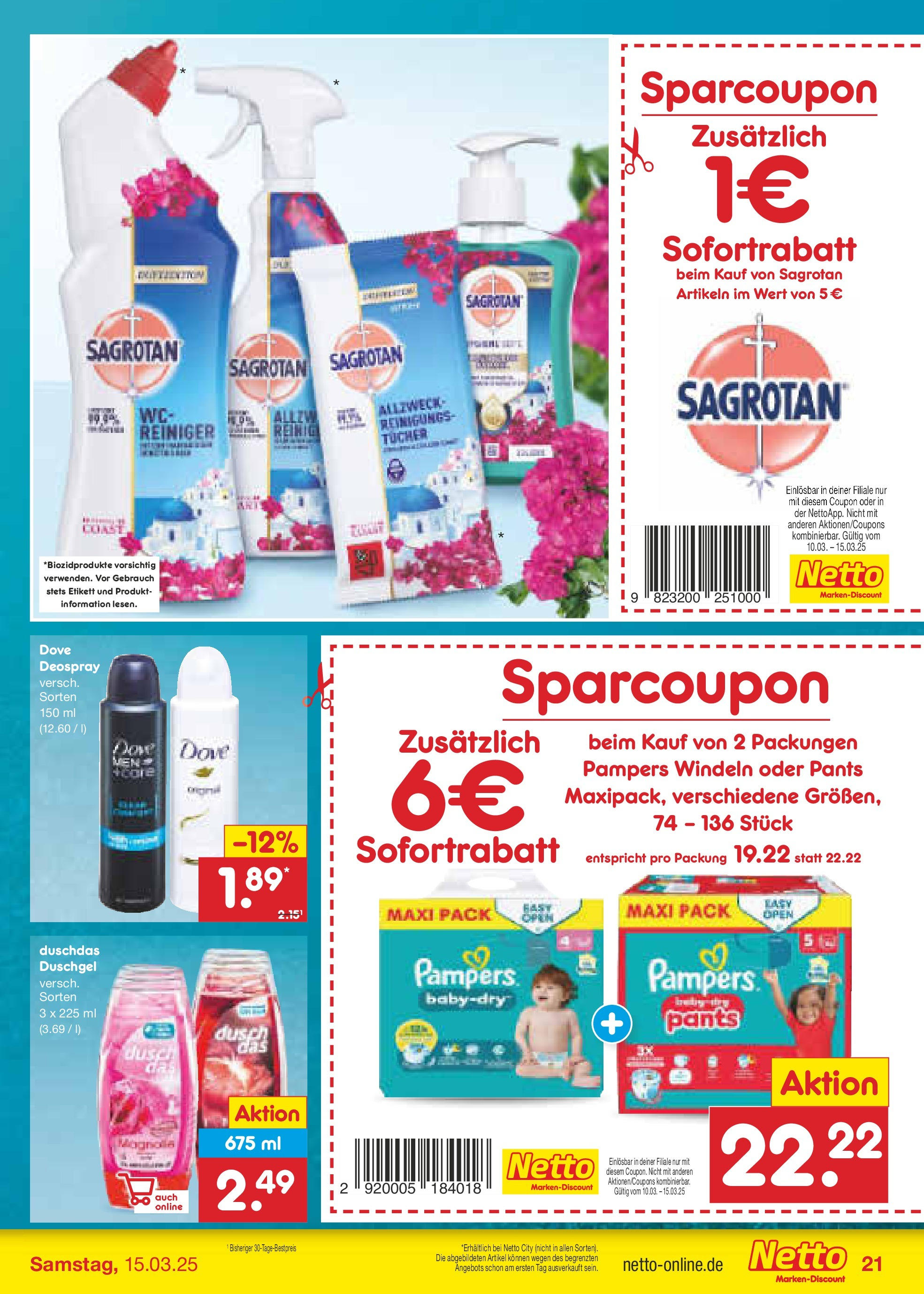 Netto Marken-Discount - Netto: Wochenangebote (ab 09.03.2025) » Angebote | Seite: 33 | Produkte: Pampers, Duschgel, Duschdas, Deospray