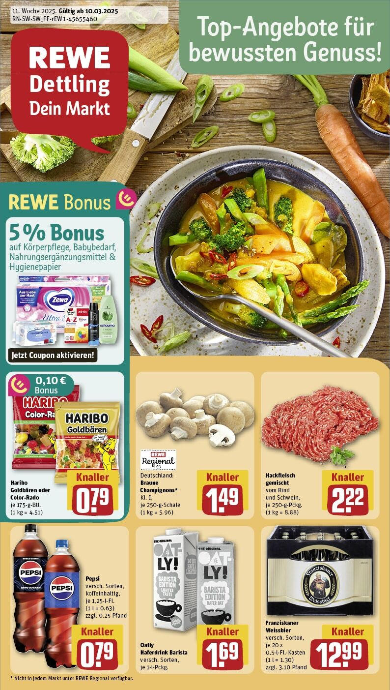 Rewe - Rewe: Wochenangebote (ab 10.03.2025) zum Blättern » Angebote | Seite: 1 | Produkte: Zewa, Champignons, Pepsi, Hackfleisch