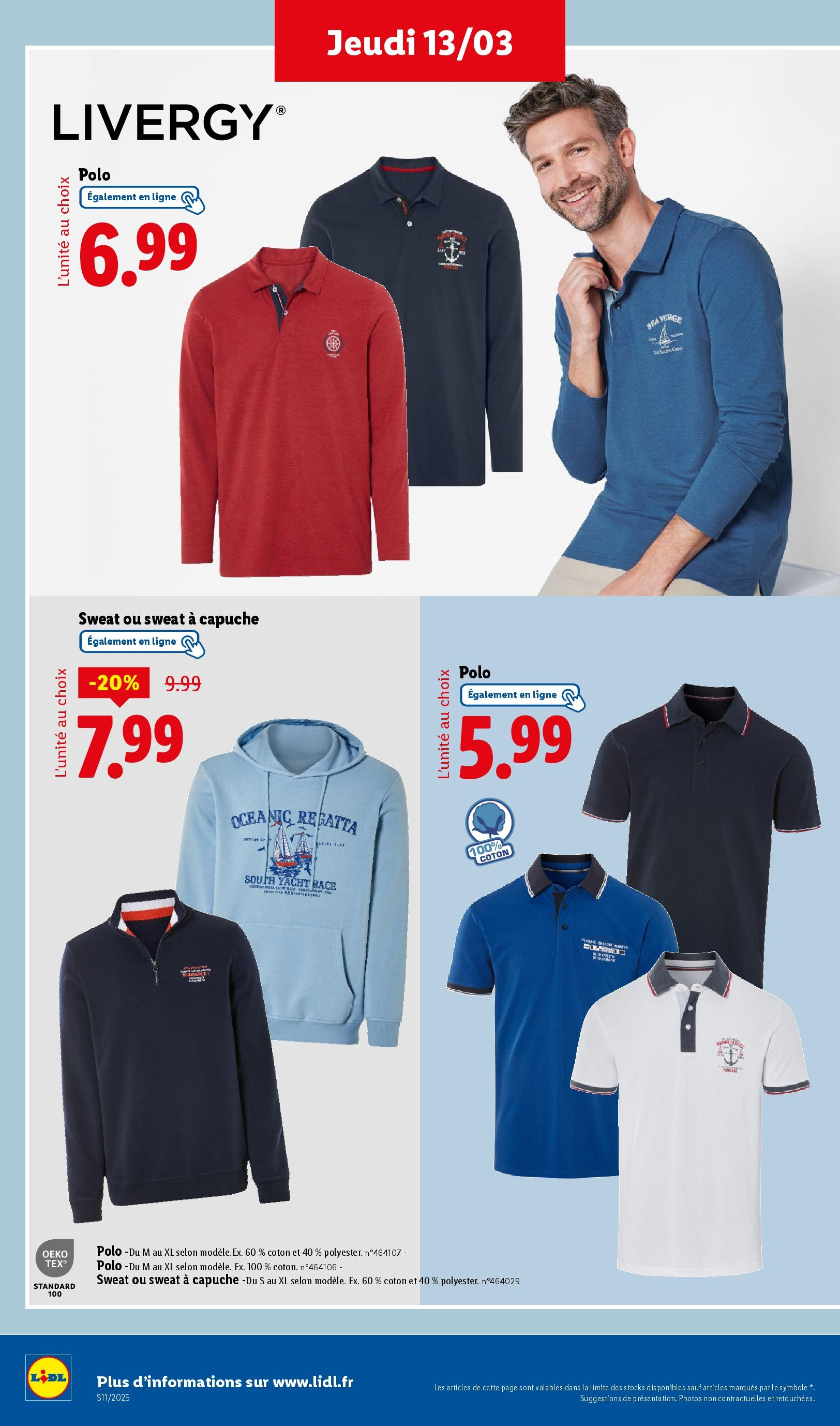 Catalogue LIDL du 12/03/2025 | Promo prospectus en ligne | Page: 42 | Produits: Polo, Coton, Sweat à capuche