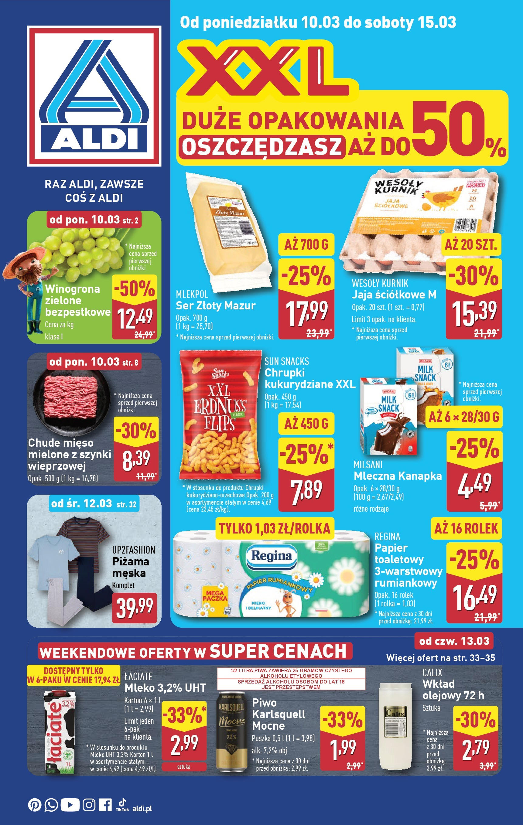 Aldi Gazetka od 10.03.2025 - Ulotka PDF, promocje | Strona: 1 | Produkty: Winogrona, Ser, Piwo, Alkohol