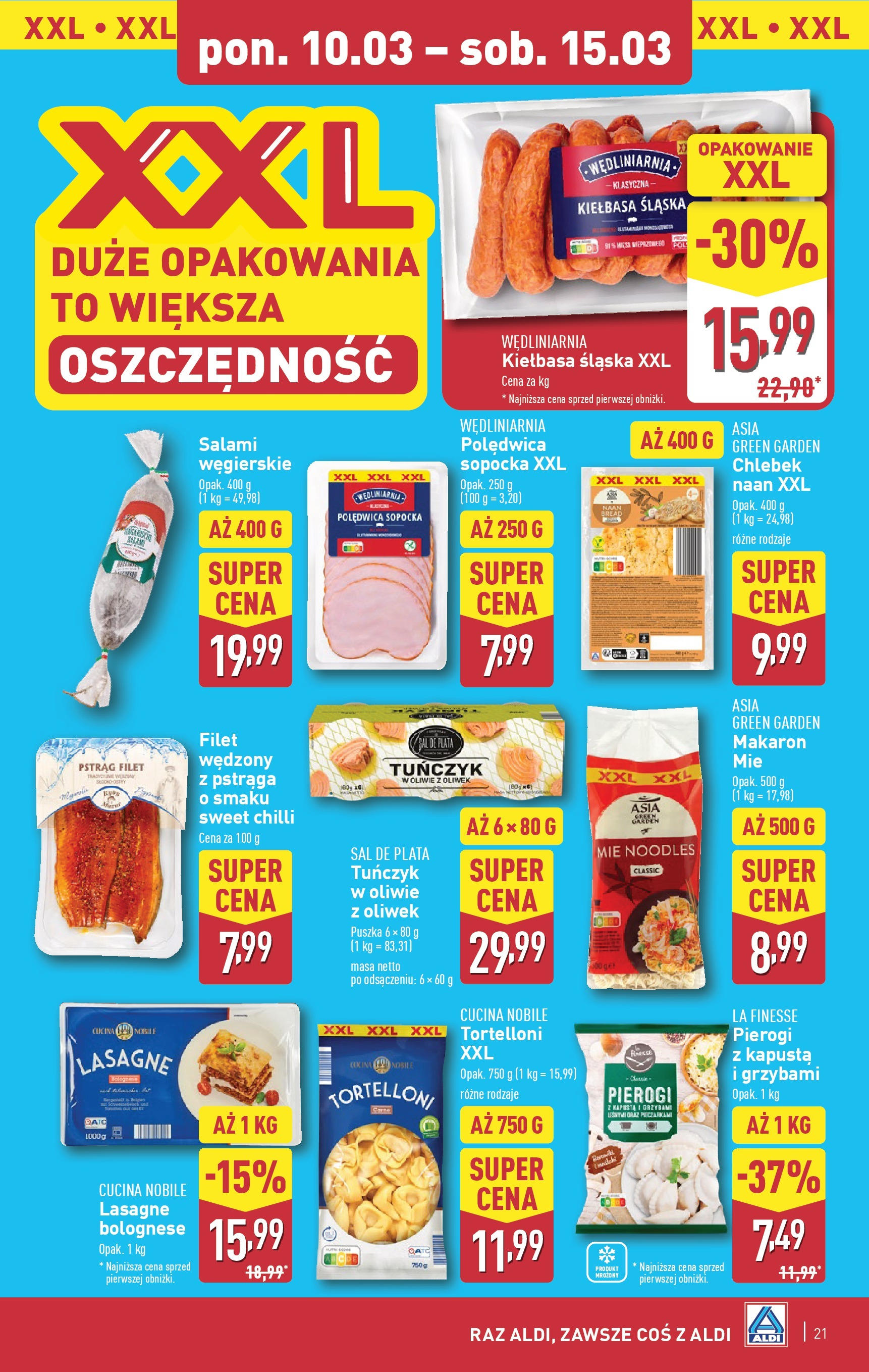 Aldi Gazetka od 10.03.2025 - Ulotka PDF, promocje | Strona: 21 | Produkty: Pierogi, Lasagne, Kiełbasa śląska, Salami