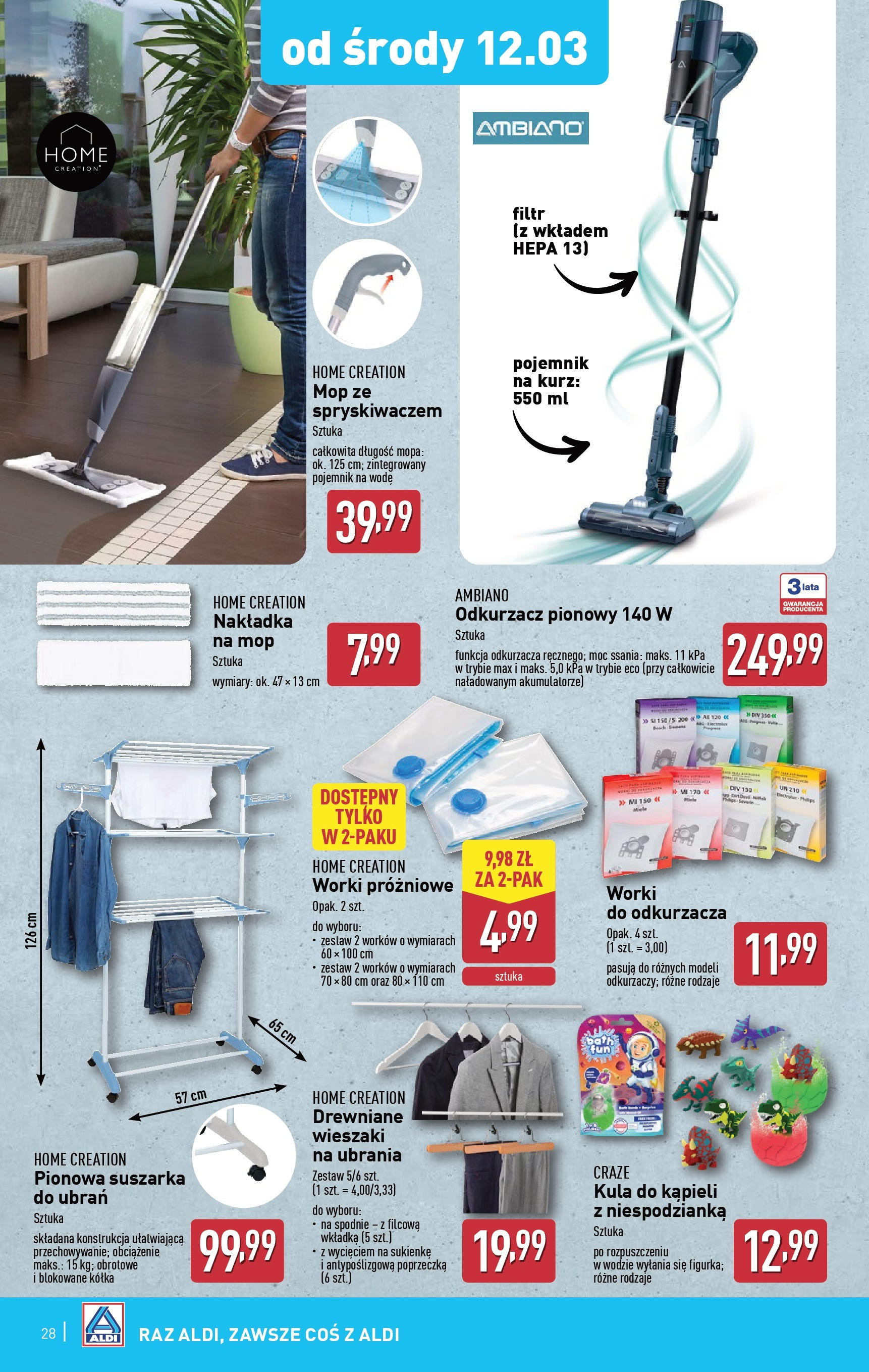 Aldi Gazetka od 10.03.2025 - Ulotka PDF, promocje | Strona: 28 | Produkty: Ubrania, Kula do kąpieli, Suszarka, Odkurzacz pionowy