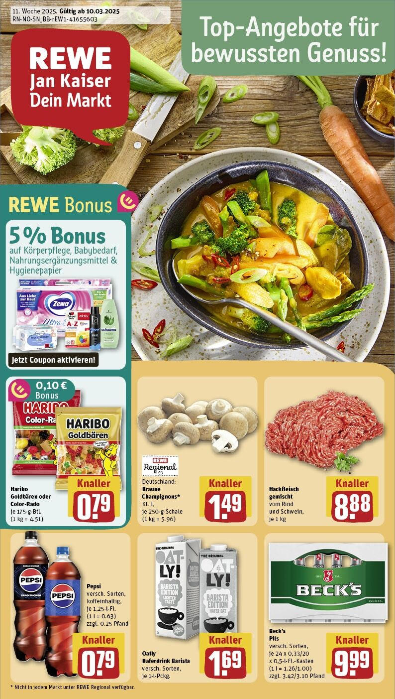 Rewe - Rewe: Wochenangebote (ab 10.03.2025) zum Blättern » Angebote | Seite: 1 | Produkte: Zewa, Champignons, Oatly, Hackfleisch