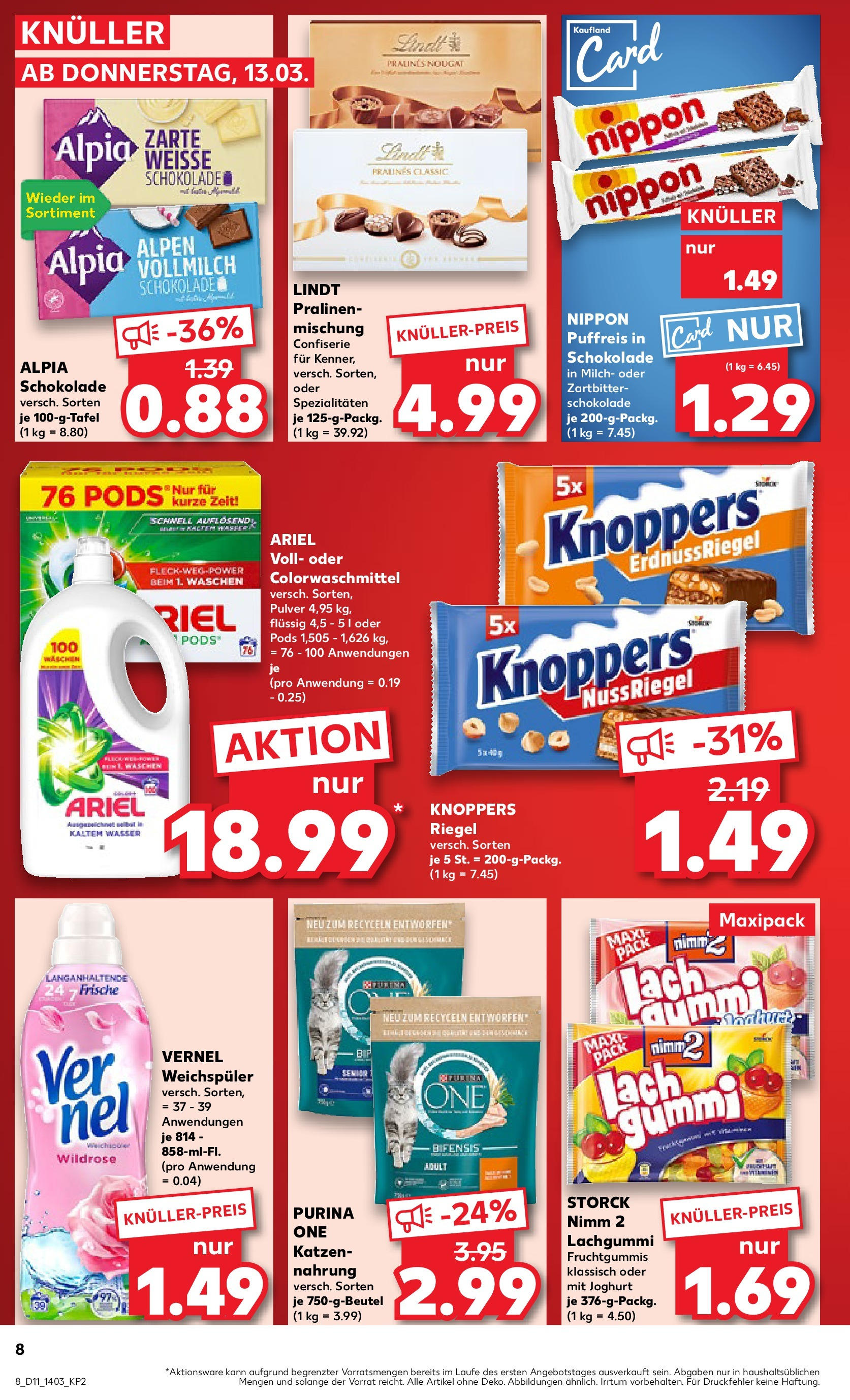 Kaufland - Oberhausen, Concordiastraße 32 (ab 13.03.2025) » Angebote Online zum Blättern | Seite: 8 | Produkte: Milch, Ariel, Knoppers, Lindt