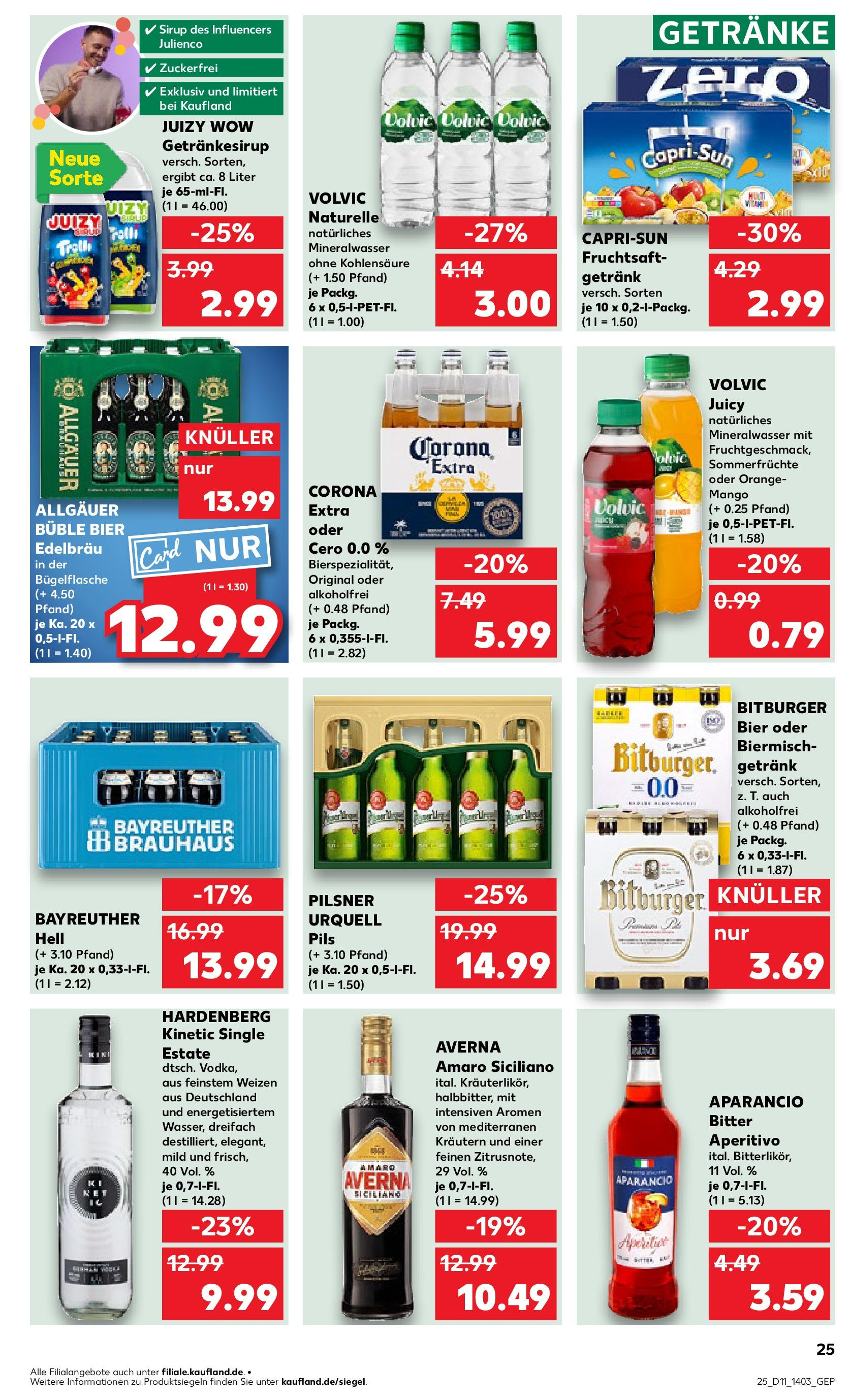 Kaufland - Oberhausen, Concordiastraße 32 (ab 13.03.2025) » Angebote Online zum Blättern | Seite: 25 | Produkte: Bayreuther hell, Bitburger, Bier, Sirup