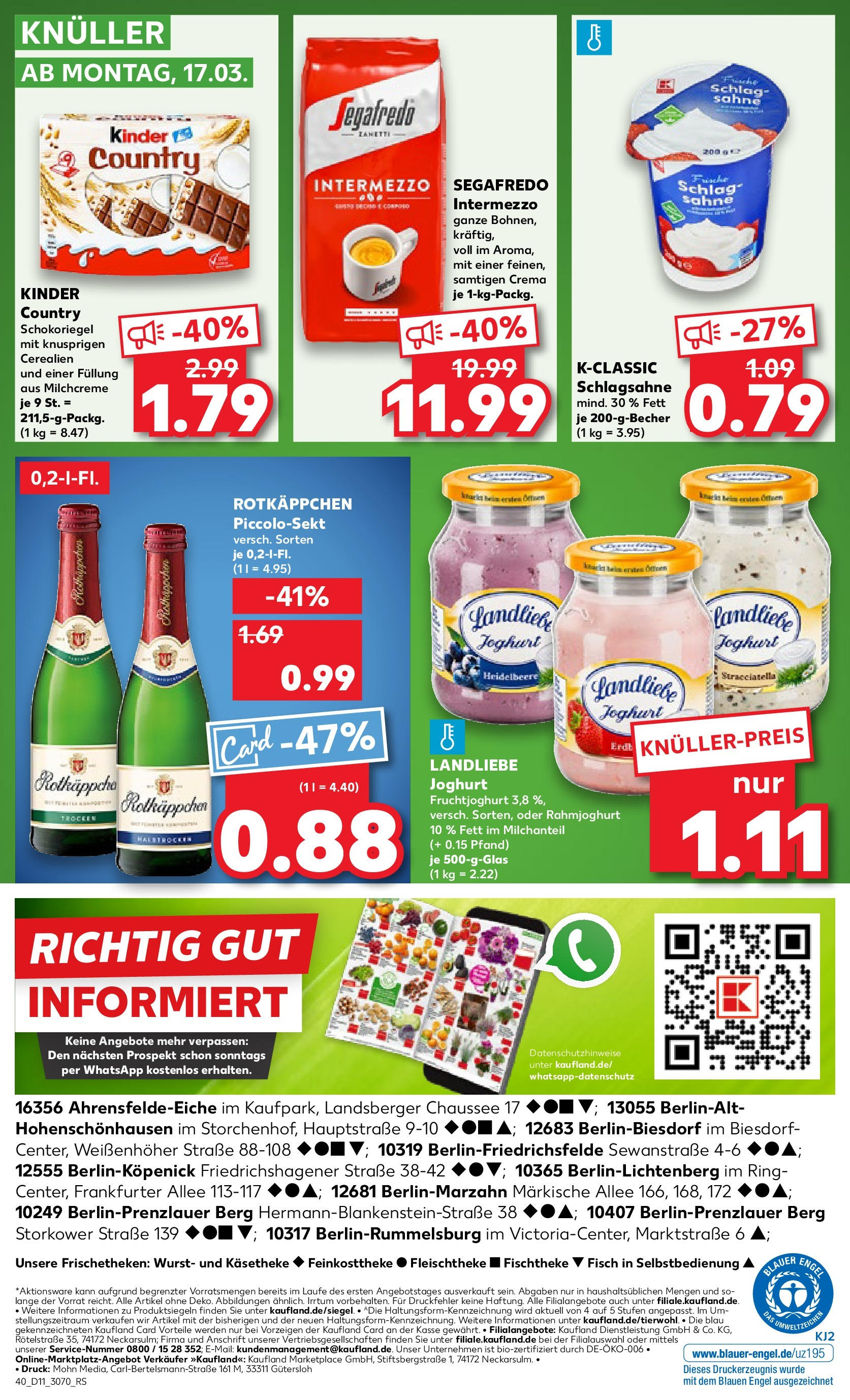 Kaufland - Ahrensfelde, Landsberger Chaussee 17 (ab 13.03.2025) » Angebote Online zum Blättern | Seite: 40 | Produkte: Schlagsahne, Wurst, Sahne, Segafredo