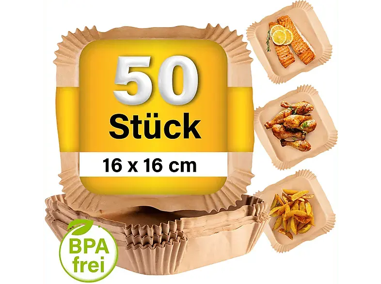 Gourmetmaxx Backpapierschalen 50 Stück, für Heißluftfritteusen 2-5l, 16x16cm