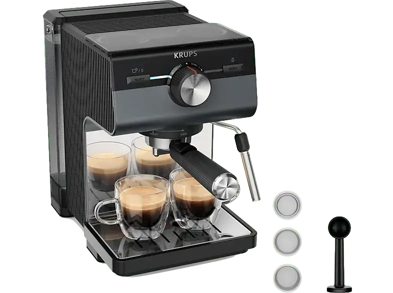 Krups XP384E Authentic+ Espressomaschine (Bullet Dark Silver und Edelstahl, 1460 Watt, )