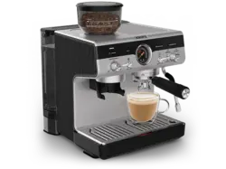 Krups XP804T Precision+ Espresso-Siebträgermaschine ink. Tamping Station (Schwarz / Silber verchromte Front, Edelstahl-Mahlwerk, 15 bar); Espresso-Siebträgermaschine ink. Tamping Station