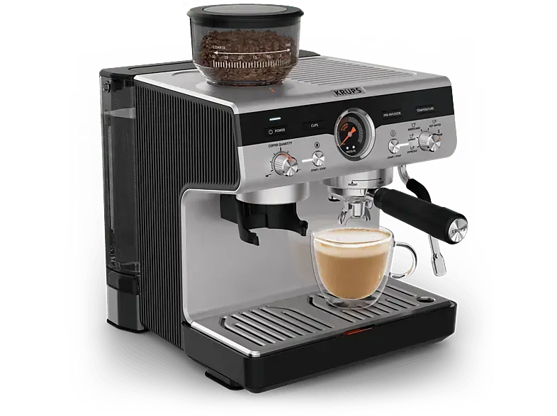 Krups XP804T Precision+ Espresso-Siebträgermaschine ink. Tamping Station (Schwarz / Silber verchromte Front, Edelstahl-Mahlwerk, 15 bar); Espresso-Siebträgermaschine ink. Tamping Station