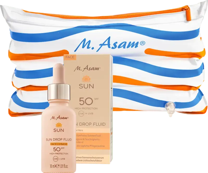 M. Asam Sonnenfluid Gesicht sun drops LSF 50 + beach pillow bag