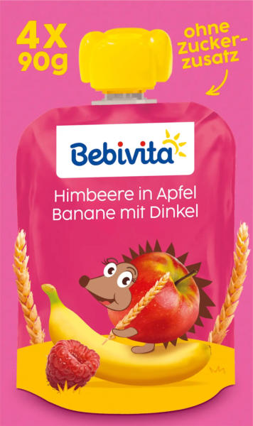 Bebivita Quetschie Himbeere Banane in Apfel mit Dinkel, ab 1 Jahr (4x90 g)