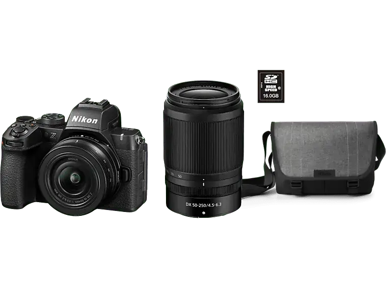 Nikon Z50II spiegellose Systemkamera mit Z DX 16-50mm VR und 50-250mm Objektiv, Tasche 16GB Speicherkarte, Schwarz; Systemkamera Set