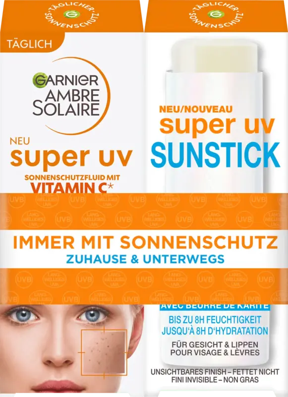 Garnier Ambre Solaire Sonnenfluid Gesicht Vitamin C + Sonnenstick, Gesicht, super UV, LSF