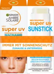Garnier Ambre Solaire Sonnenfluid Gesicht mit Niacinamid + Sonnenstick Gesicht, super UV, LSF 50+
