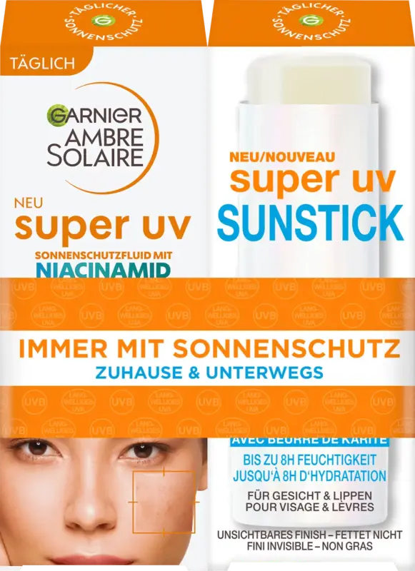 Garnier Ambre Solaire Sonnenfluid Gesicht mit Niacinamid + Sonnenstick Gesicht, super UV, LSF 50+