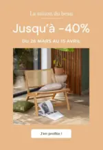 Alinéa Jusqu'au 15 avril, profitez de remises jusqu'à -40% sur une sélection d'articles : meubles de jardin, coussins d'extérieurs, canapés, tables, chaises... - au 15.04.2025