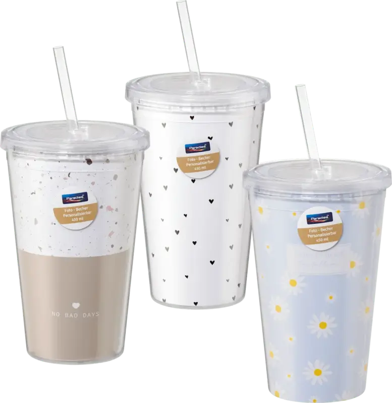 Paradies Foto Trinkbecher mit Strohhalm sortiert