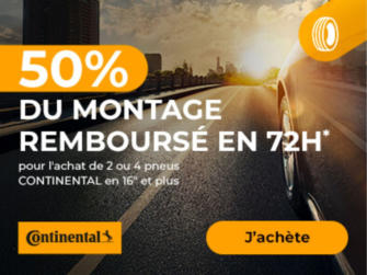 Du 14 avril au 1er juin 2025, obtenez le remboursement de 50% du montage en 72H, pour l'achat de 2 ou 4 pneus CONTINENTAL en 16" et plus !