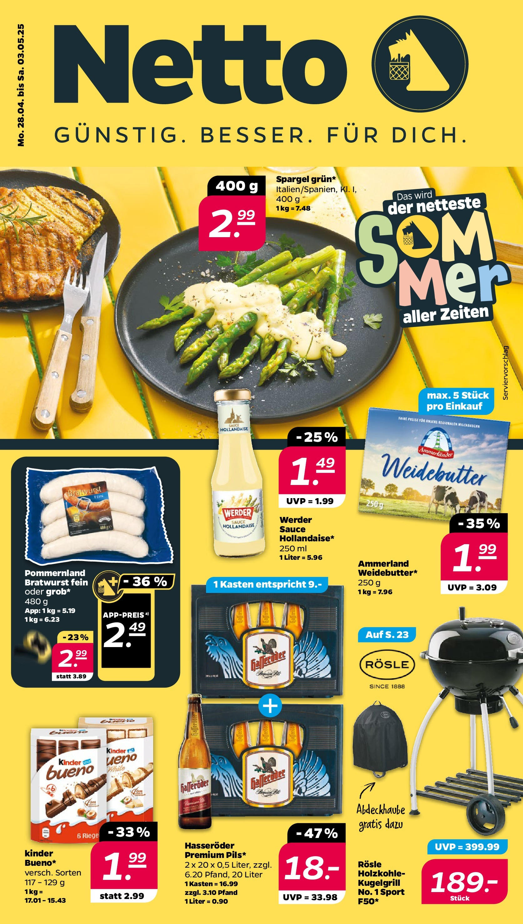 Netto - Netto APS : Wochenangebote ab 27.04.2025 → Angebote nächste Woche | Seite: 1 | Produkte: Grill, Butter, Bratwurst, Spargel