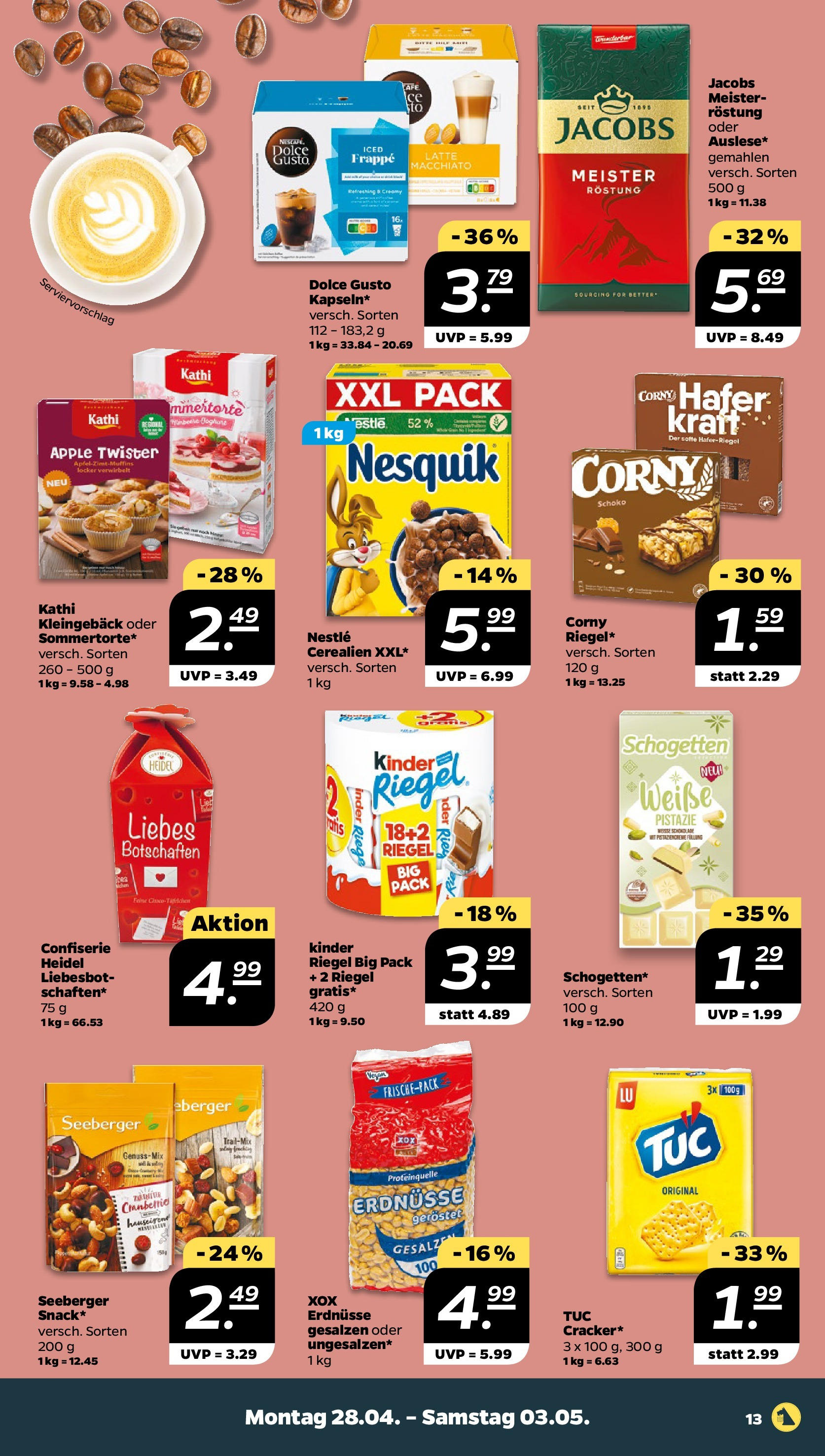 Netto - Netto APS : Wochenangebote ab 27.04.2025 → Angebote nächste Woche | Seite: 13 | Produkte: Erdnüsse, Kinder riegel, Schogetten, Dolce gusto