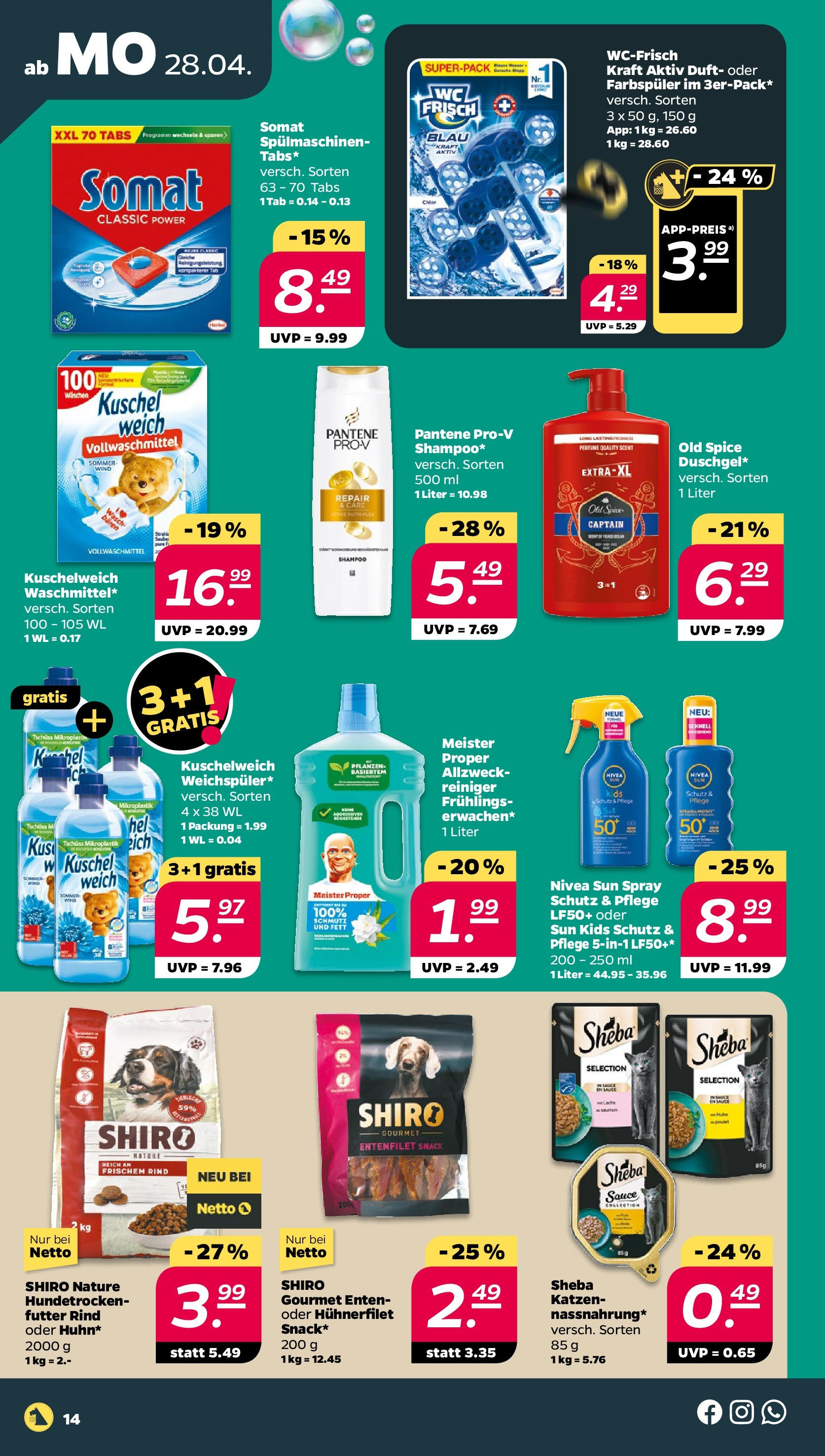 Netto - Netto APS : Wochenangebote ab 27.04.2025 → Angebote nächste Woche | Seite: 14 | Produkte: Sheba, Lachs, Wasser, Shower Gel