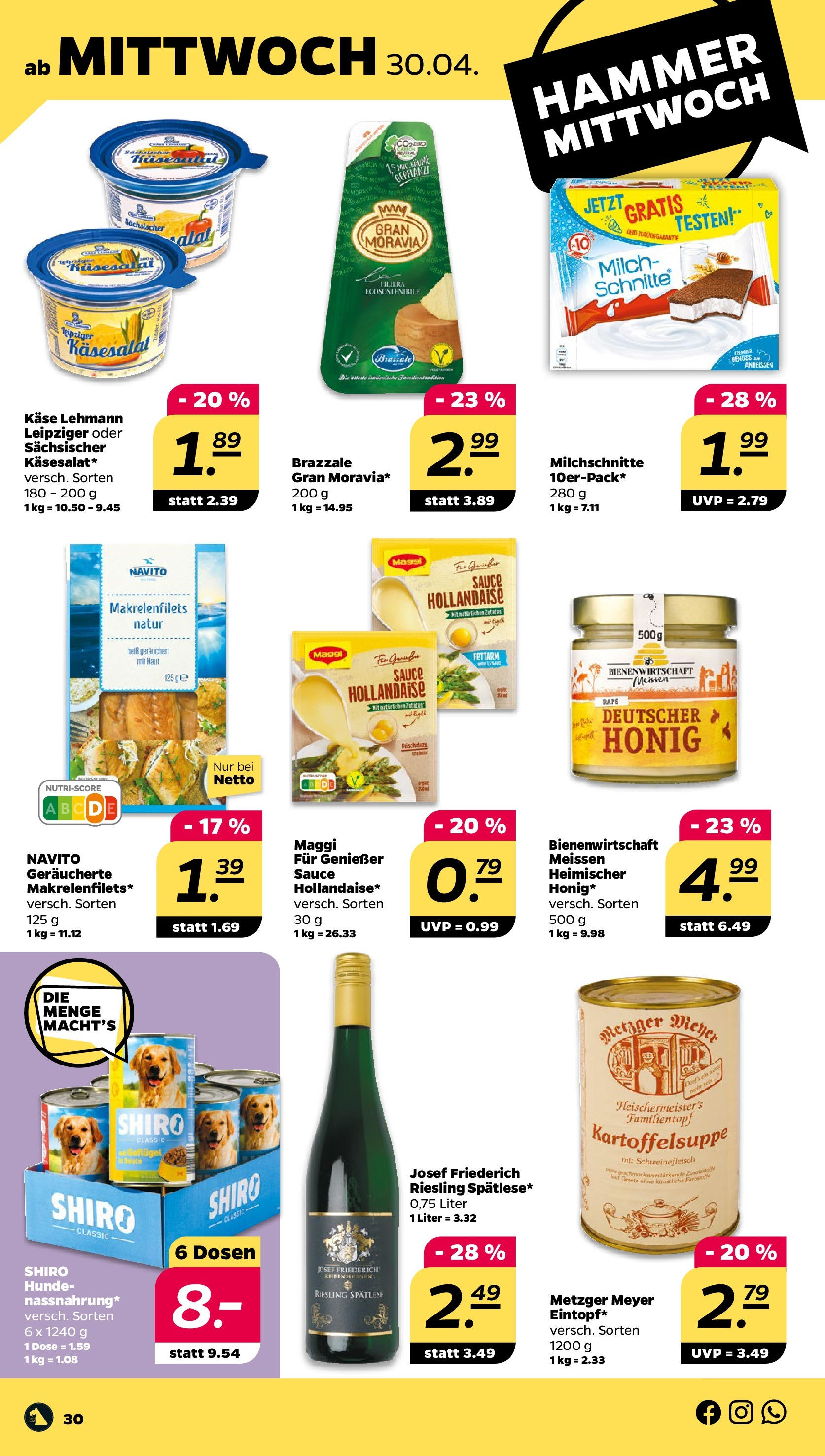 Netto - Netto APS : Wochenangebote ab 27.04.2025 → Angebote nächste Woche | Seite: 30 | Produkte: Maggi, Milch, Käse, Schweinefleisch