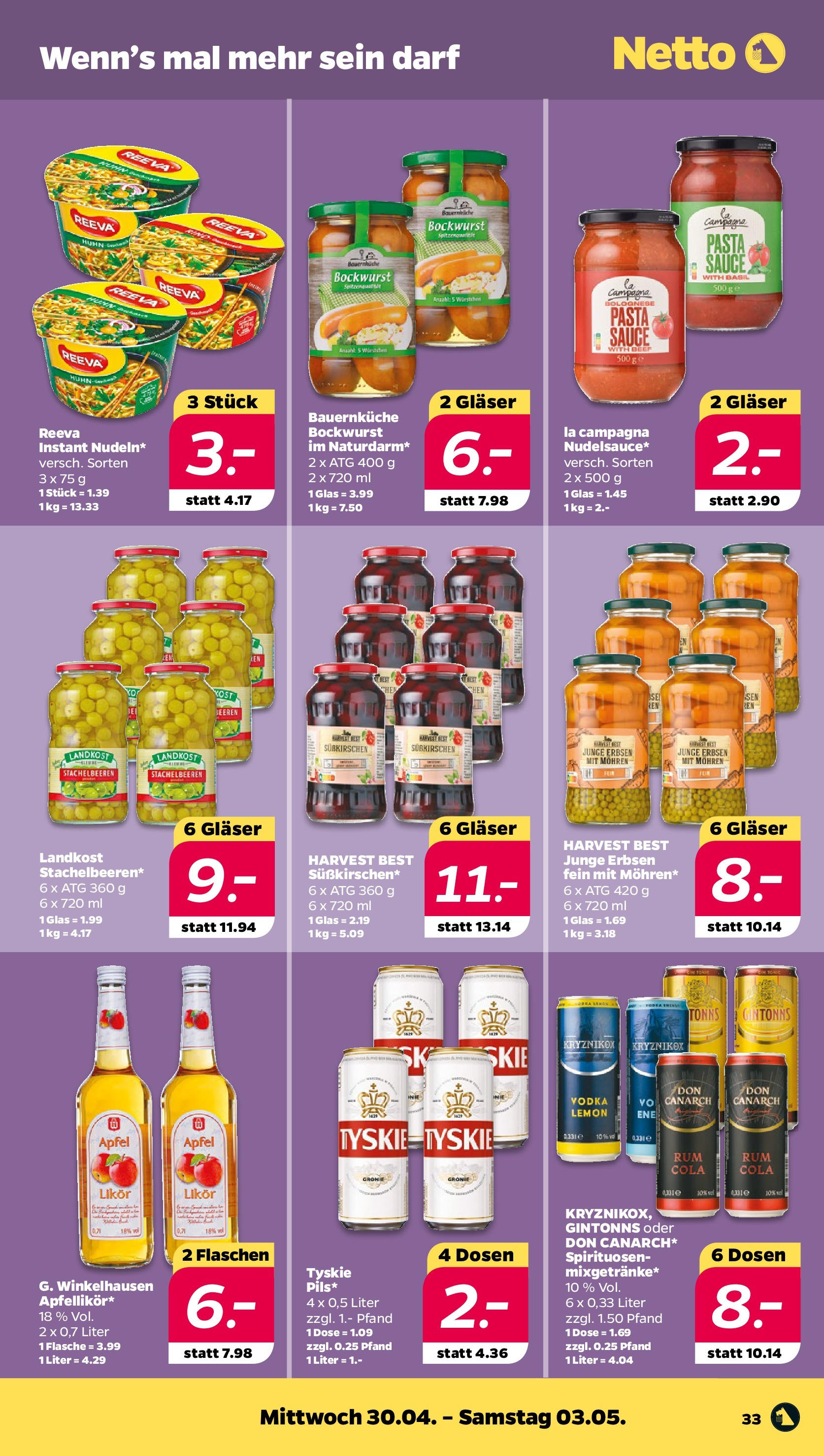 Netto - Netto APS : Wochenangebote ab 27.04.2025 → Angebote nächste Woche | Seite: 33 | Produkte: Tyskie, Apple, Pasta, Erbsen